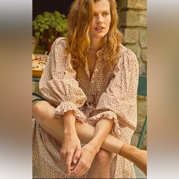 Doen Dresses & Skirts - Doen Floral Long Sleeve Dress - Cream and Pink